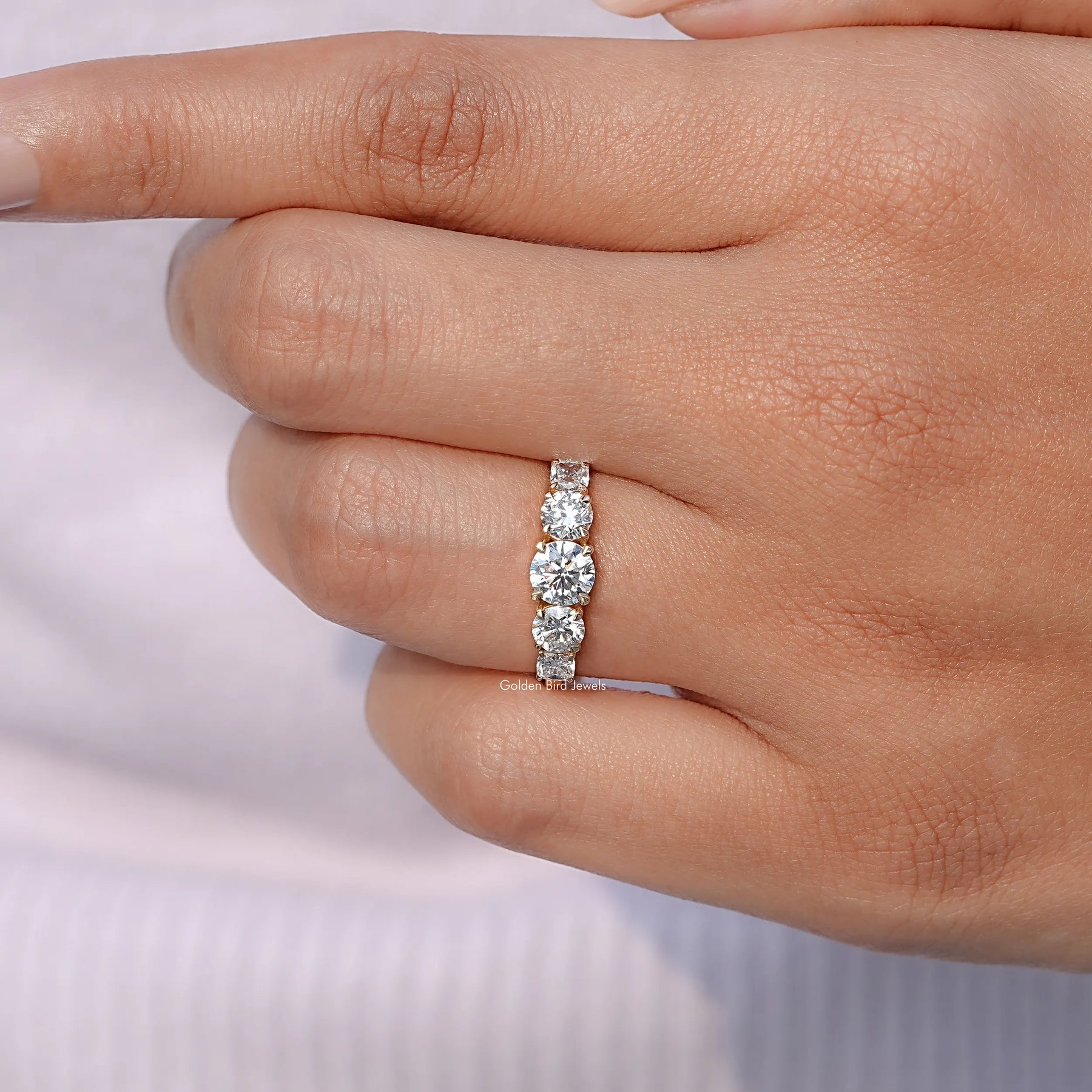 Detailed View of Round Cut Diamond Five Stone Engagement Ring In Yellow Gold