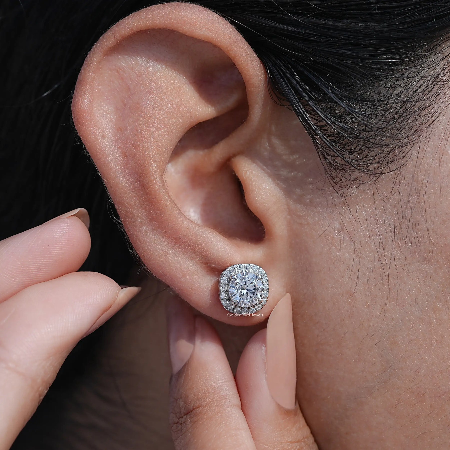 Front View of Round Cut Halo Diamond Stud Earrings In Ear's