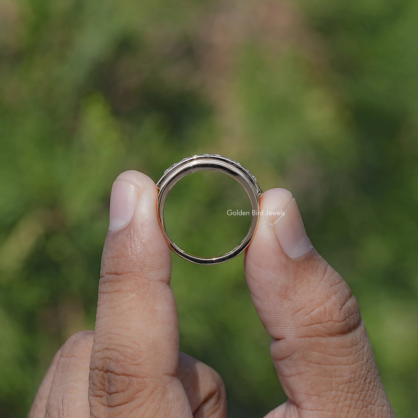 Back view of Lab Diamond Channel Set Men's Ring in secure setting 