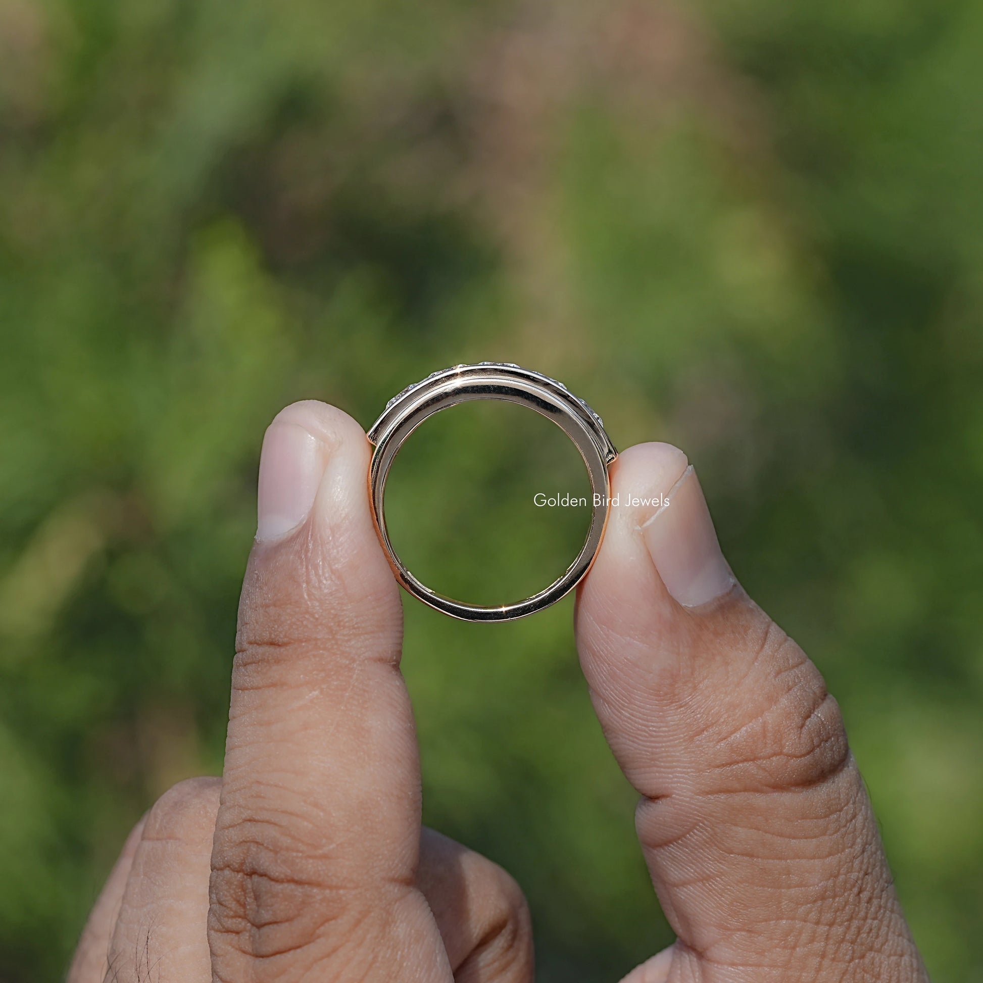 Back view of Lab Diamond Channel Set Men's Ring in secure setting 