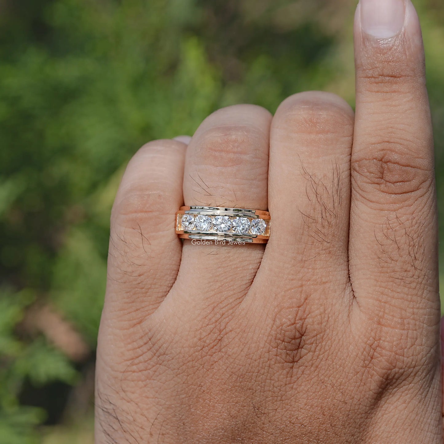 In finger front view of Lab Diamond Radiant Cut ring 