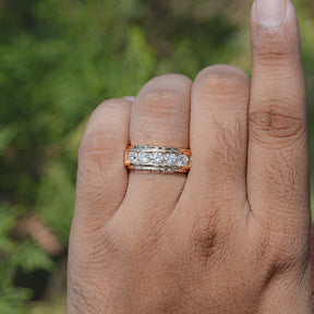 In finger front view of Lab Diamond Radiant Cut ring 