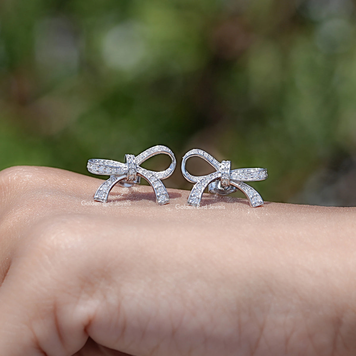 Round Cut Lab Diamond Ribbon Bow Stud Earrings