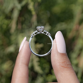 Back view of Round Cut Moissanite Accent Set Engagement Ring in secure setting 