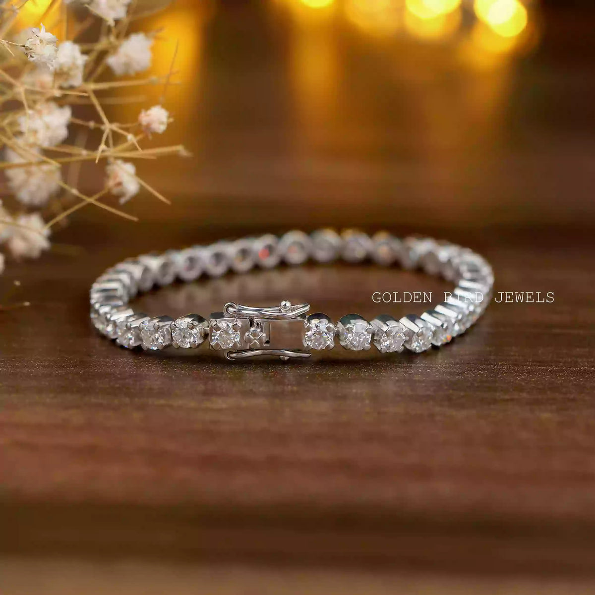 Back view of pair round diamond moissanite bracelet in secure setting 