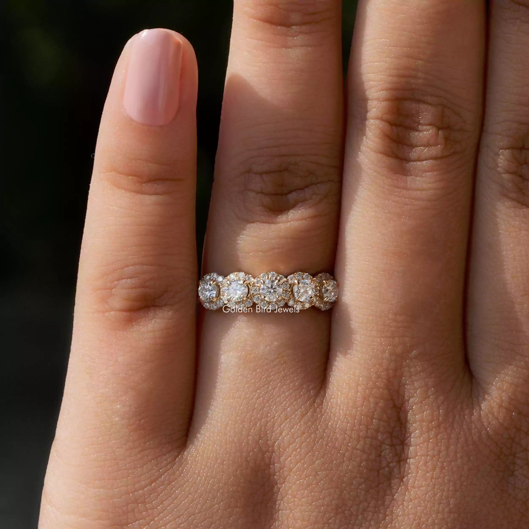 View of Round Cut Moissanite Half Eternity Wedding Band In White Gold