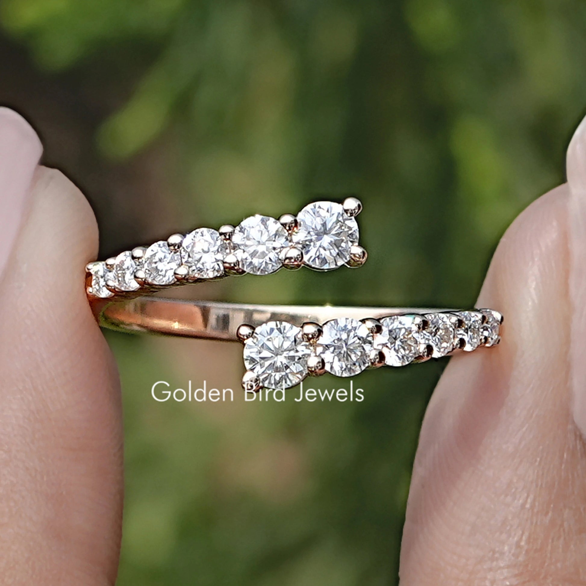 Front view of Round Cut Moissanite Open Wrap Bypass Ring