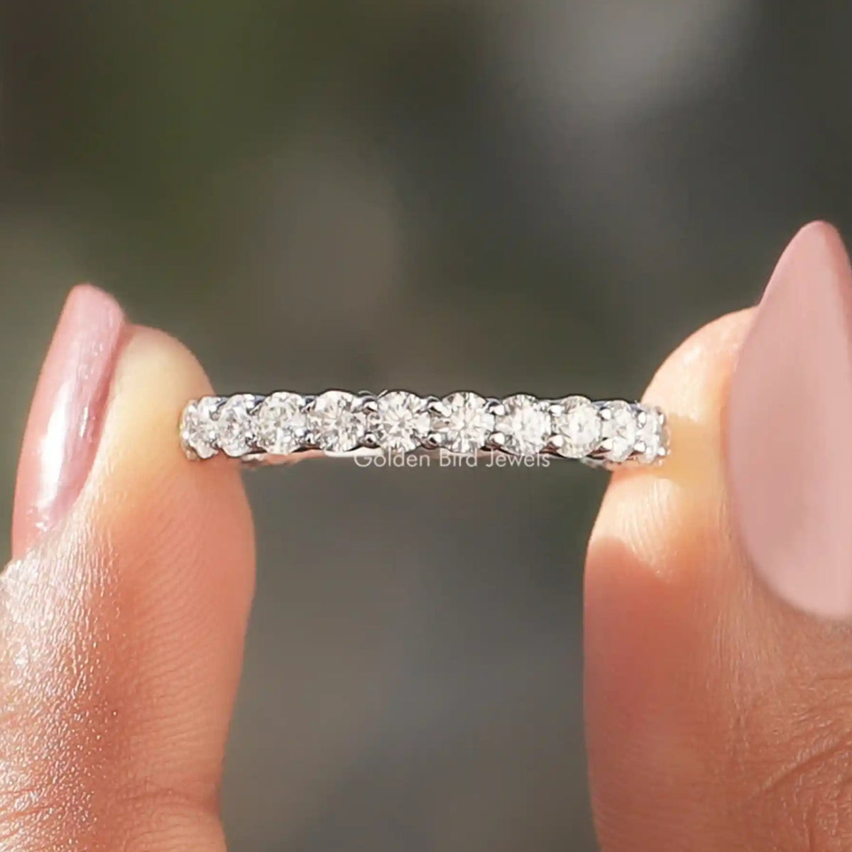 [1.30 CTW Round Cut Moissanite Three Stone Eternity Wedding Band]-[Golden Bird Jewels]