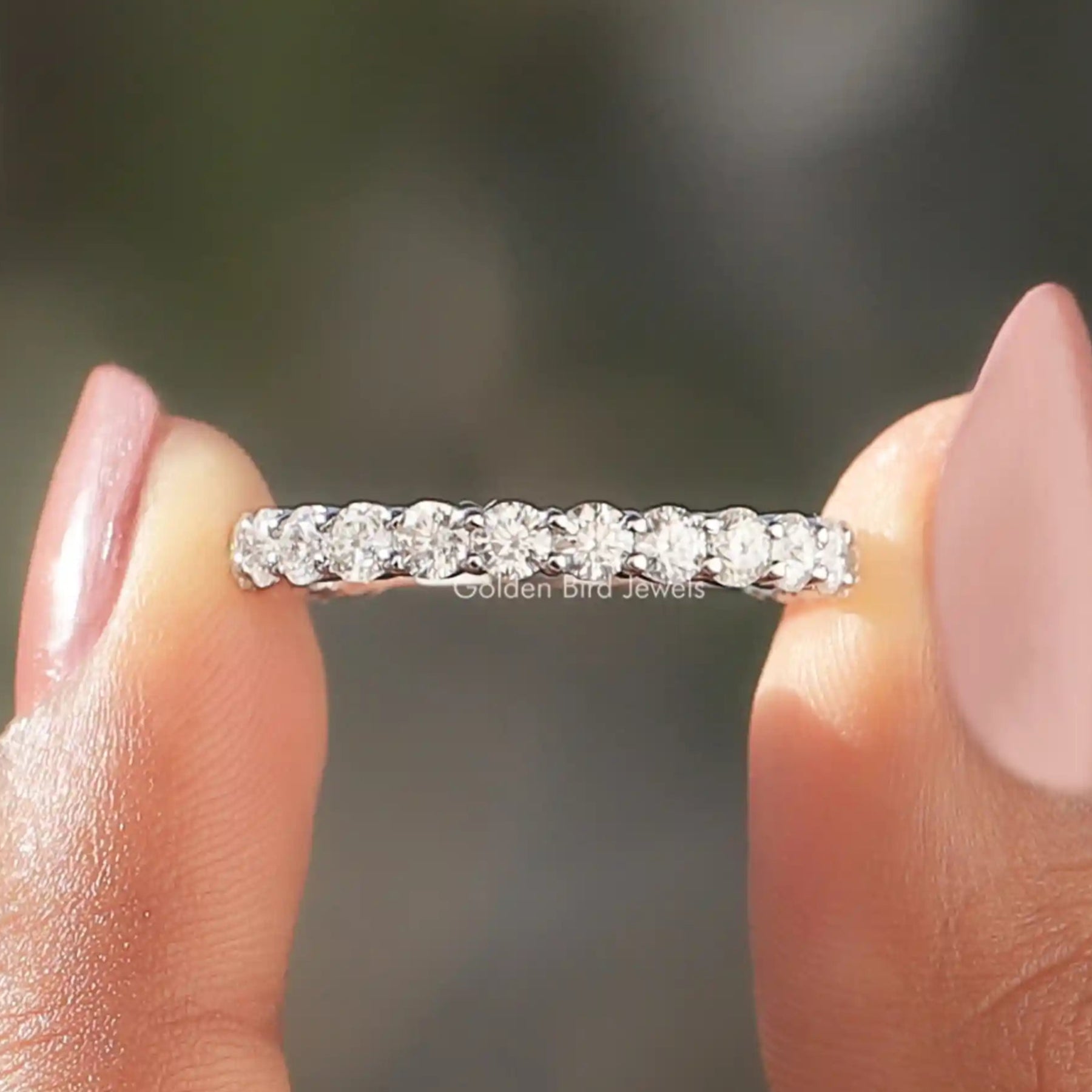 [1.30 CTW Round Cut Moissanite Three Stone Eternity Wedding Band]-[Golden Bird Jewels]