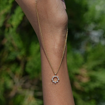 Detailed View Of Round Diamond Open Circle Pendant In Yellow Gold