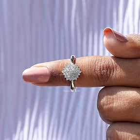 On finger front view of lab grown round cut white gold ring 