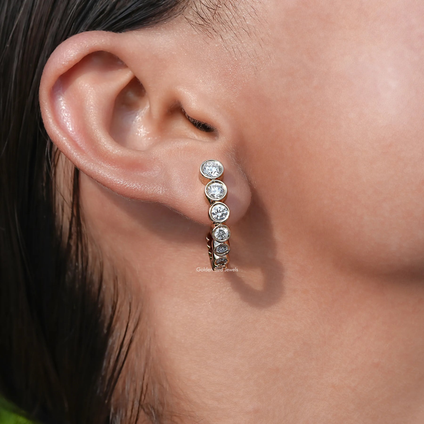 Front View of Lab Grown Diamond C Hoop Earrings In Yellow Gold