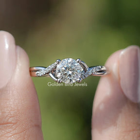 Round Moissanite Criss Cross Accent Engagement Ring