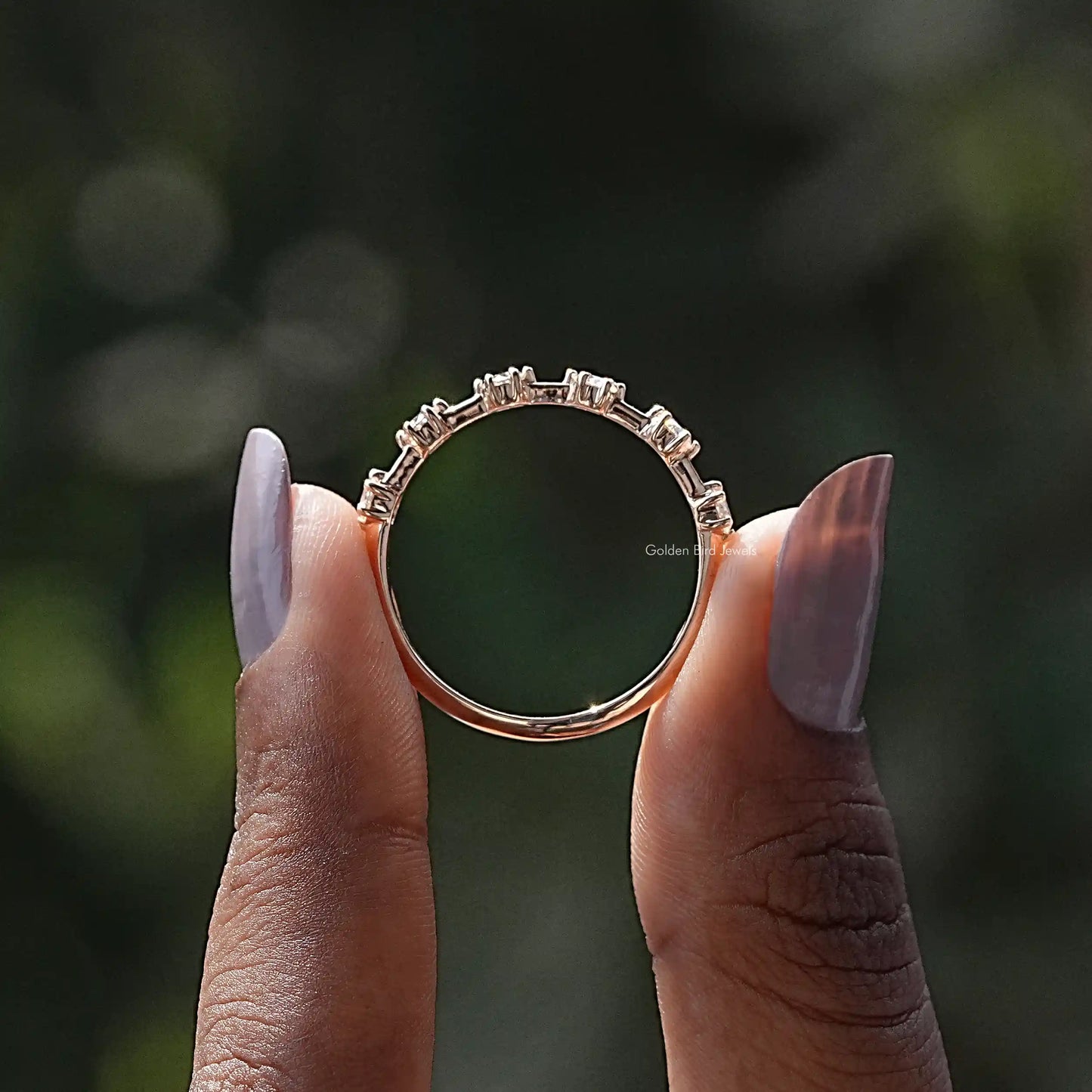 [Round Moissanite Distance Dainty Wedding Band]-[Golden Bird Jewels]