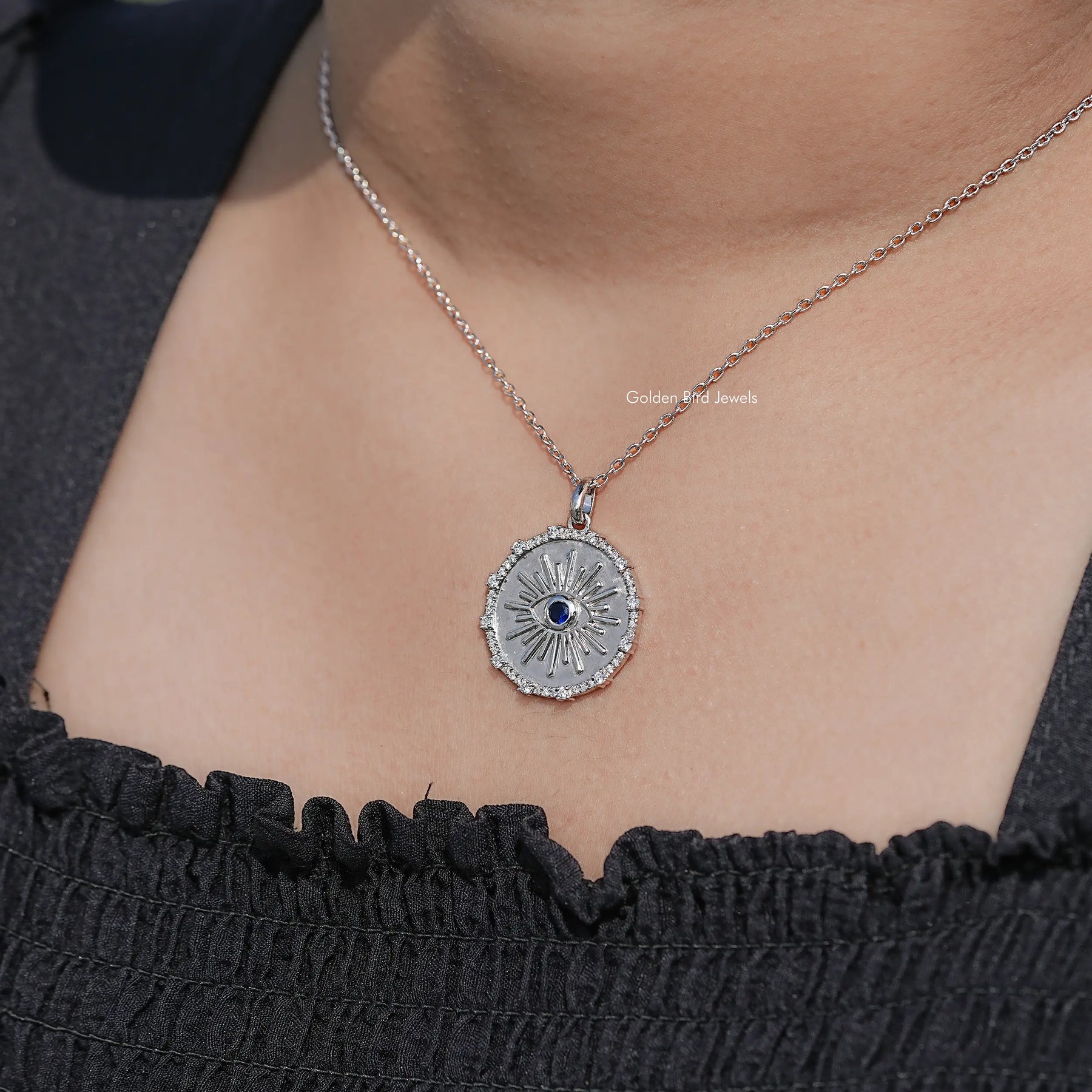 Round Sapphire Gemstone Evil Eye Halo Pendant