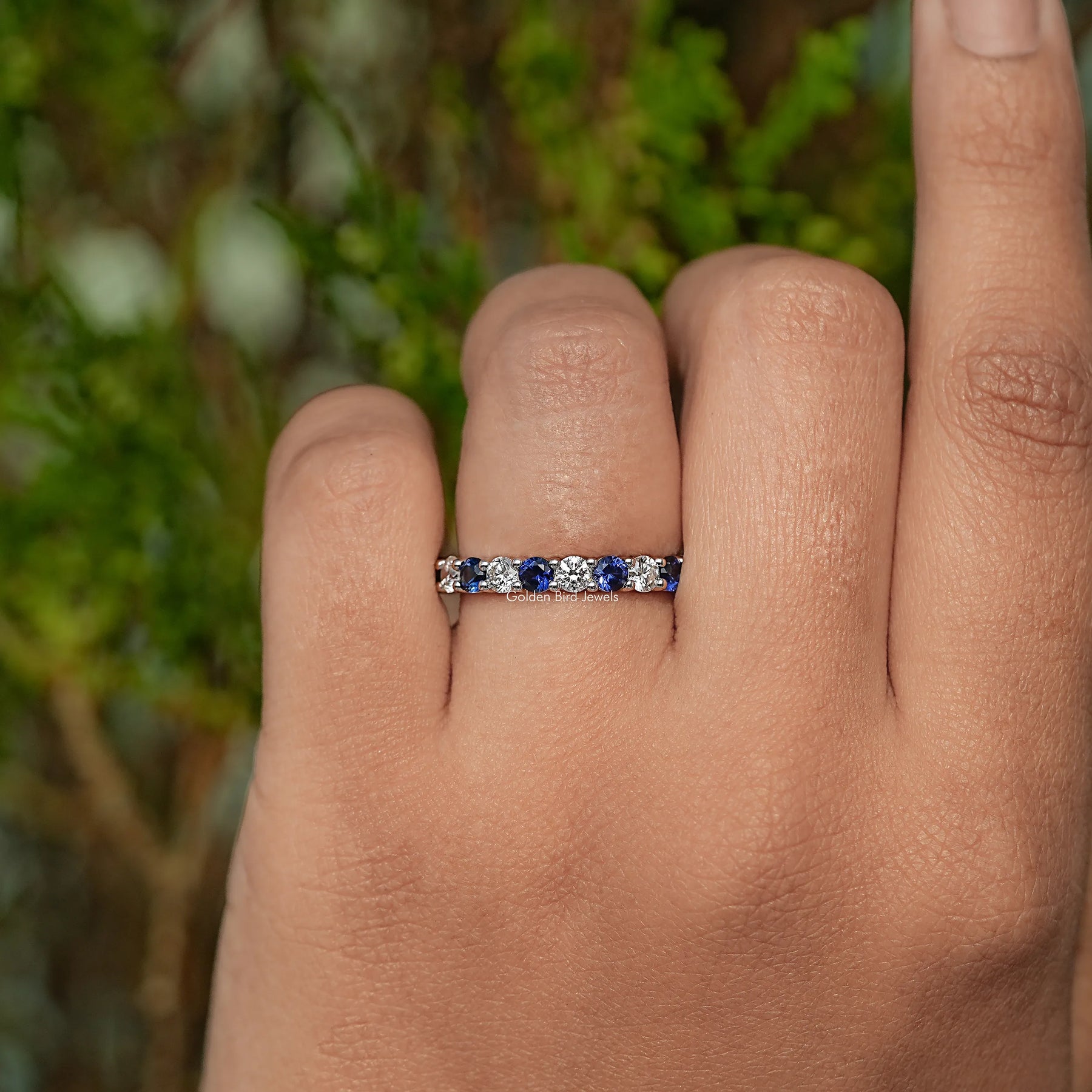 Round Shape Blue Gemstone Eternity Wedding Band