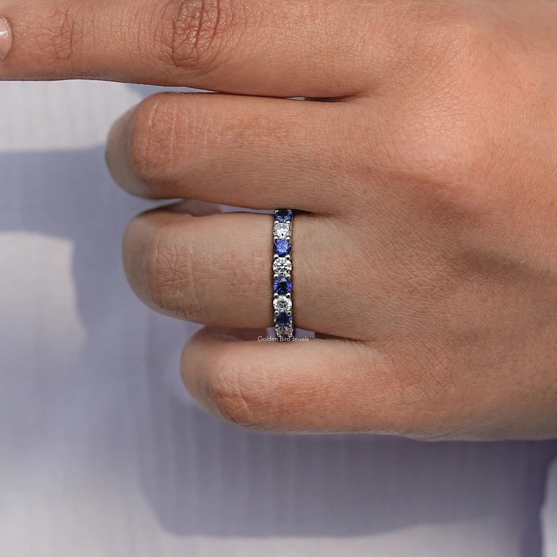 Round Shape Blue Gemstone Eternity Wedding Band