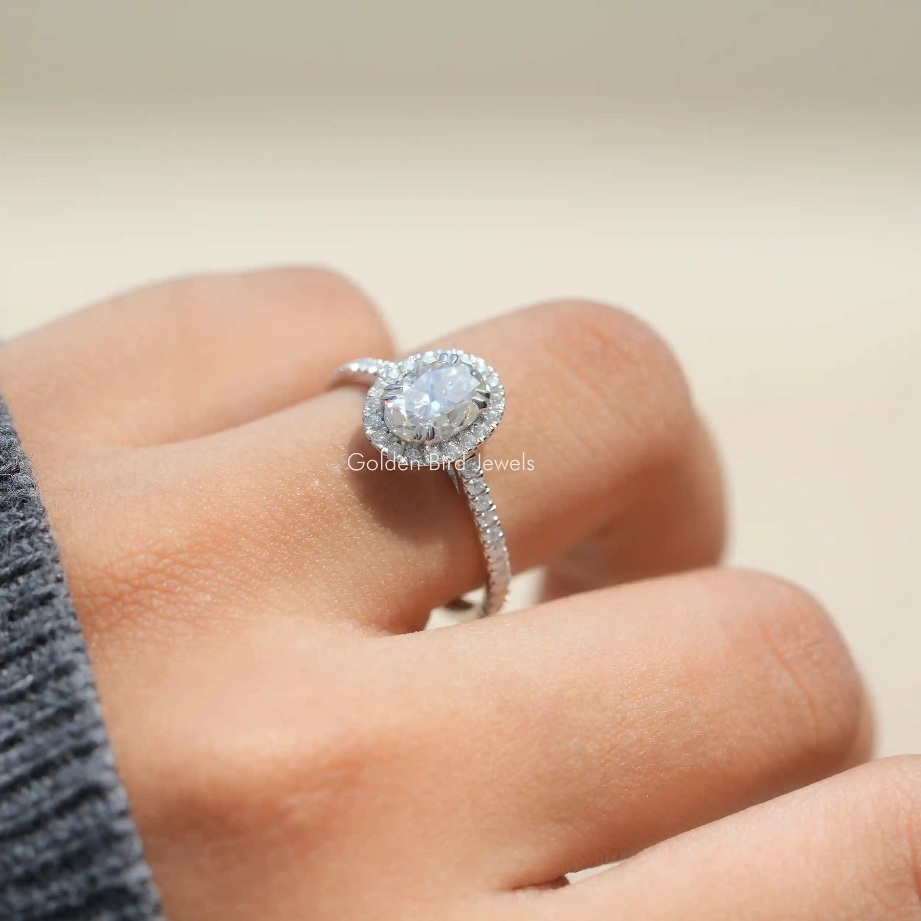 Crushed Ice Oval Moissanite Halo Accent Ring