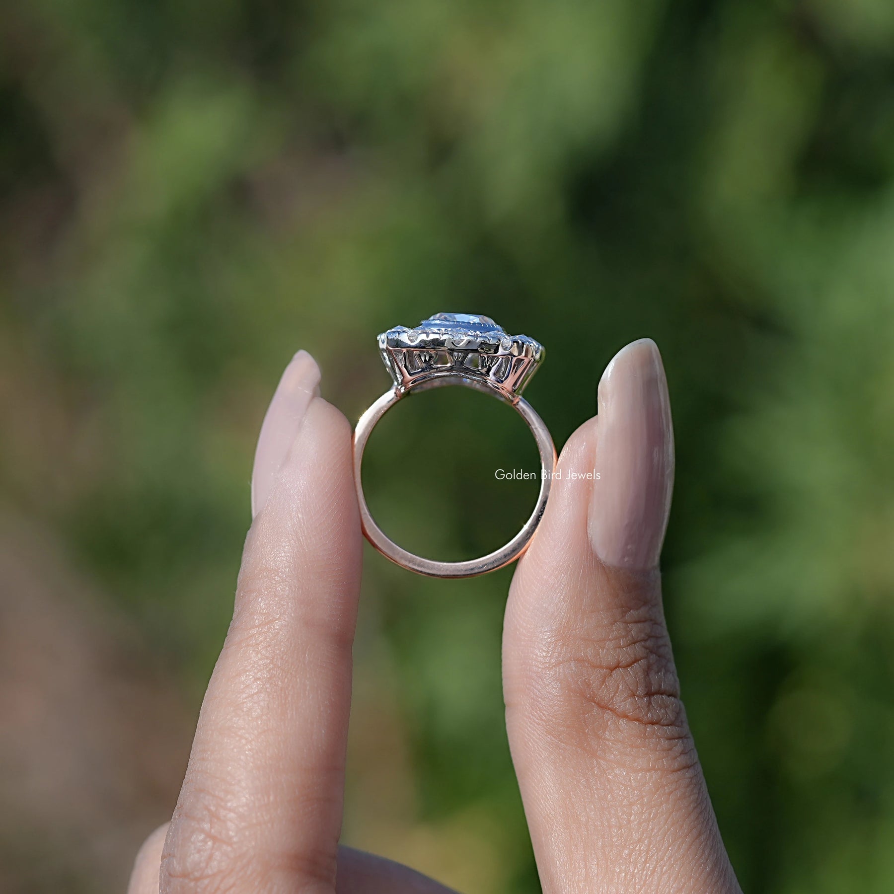 In Finger view of Old Mine Cushion cut engagement ring 