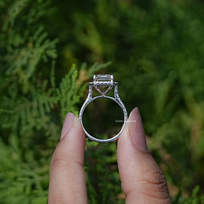 Back view of Emerald Cut Moissanite ring in secure setting 
