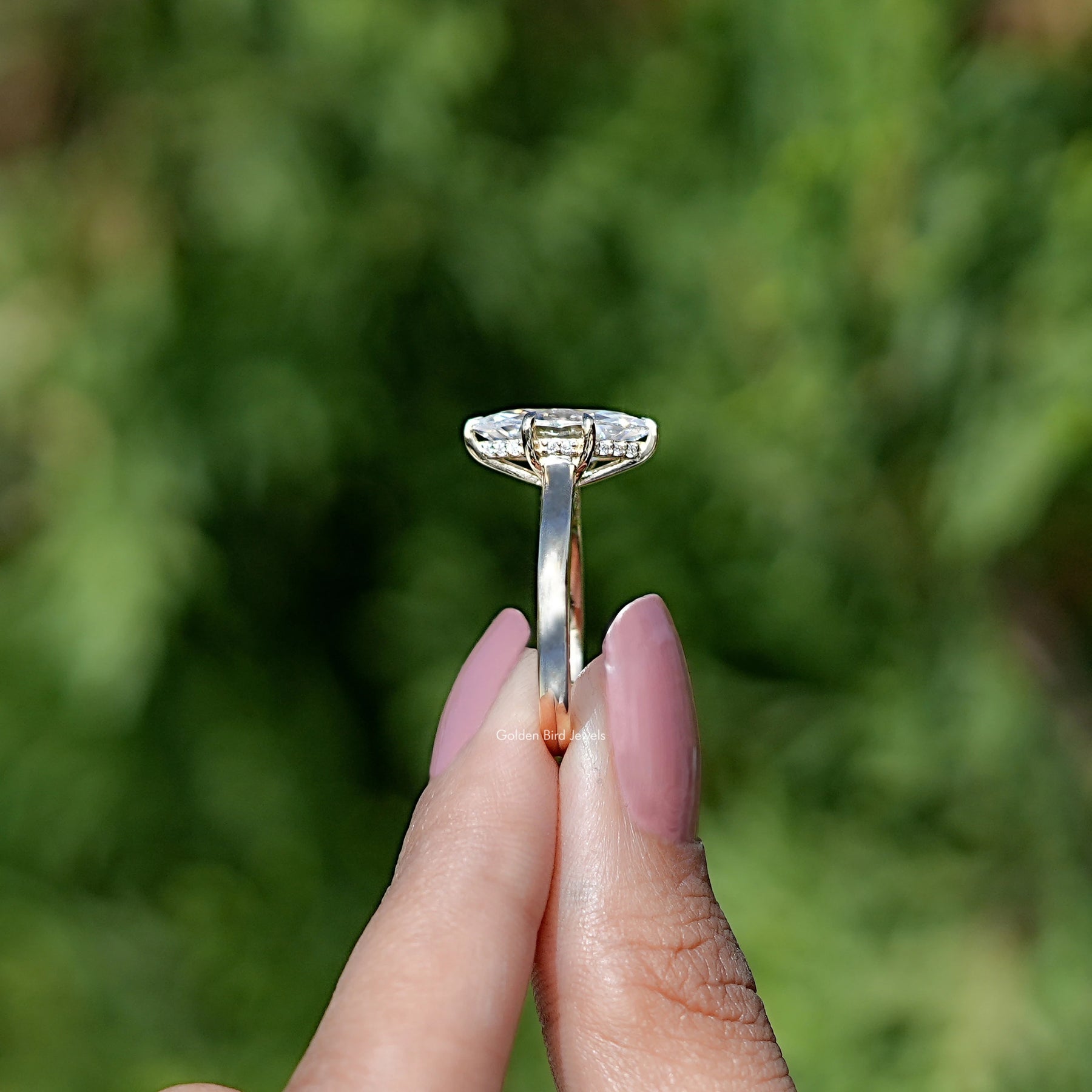 Side View of Engagement ring crafted With Dutch Marquise Cut moissanite 