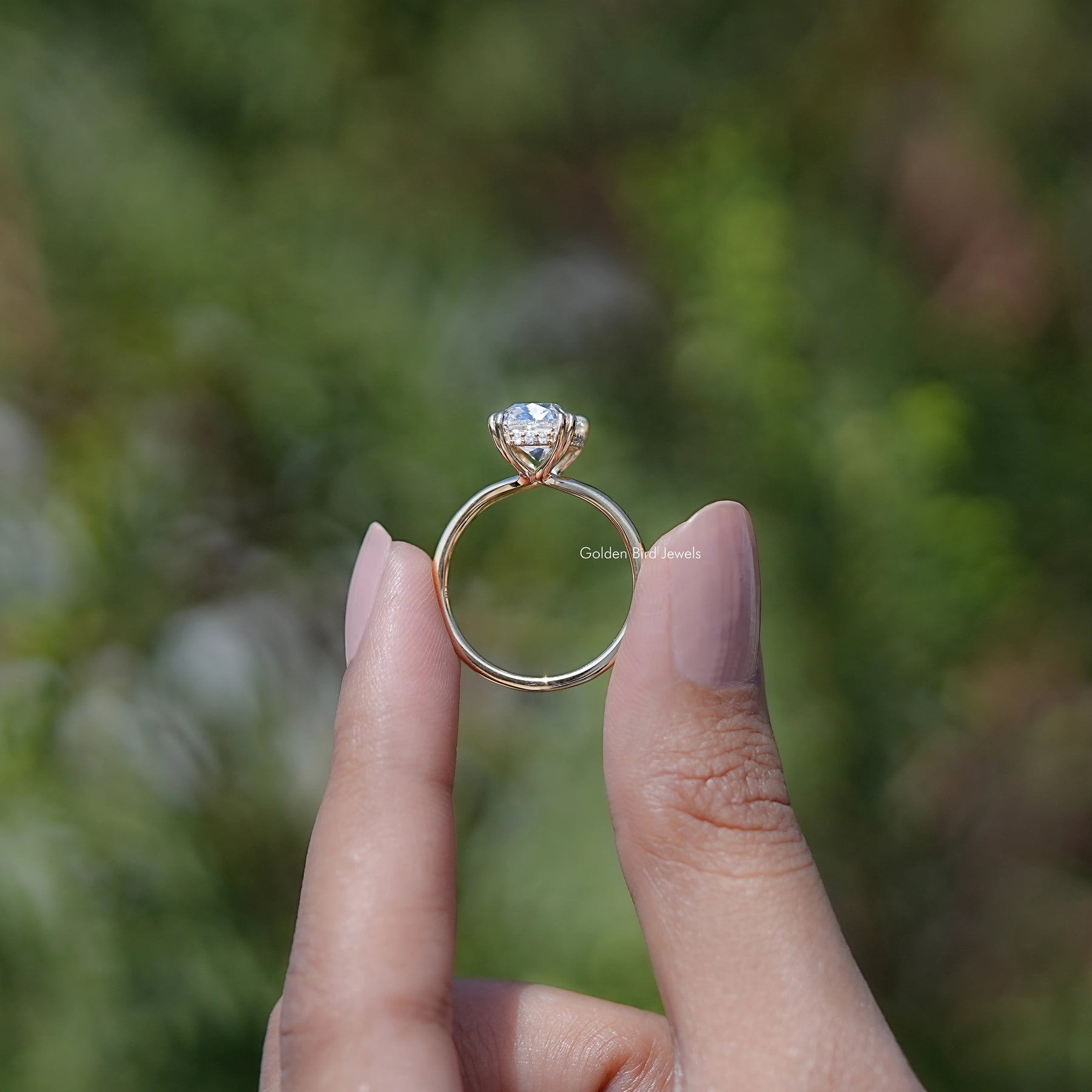 Back view of Lab Diamond Split Shank Ring in secure setting 