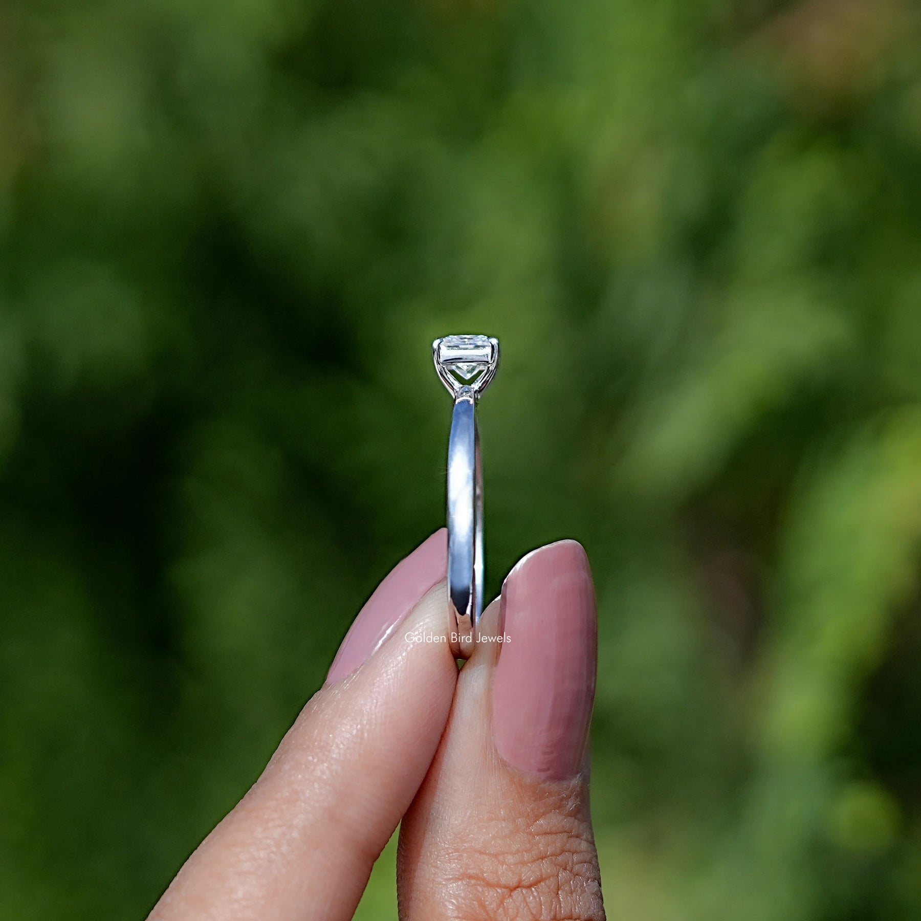 Side View of Engagement ring crafted With Princess Cut Cut moissanite 