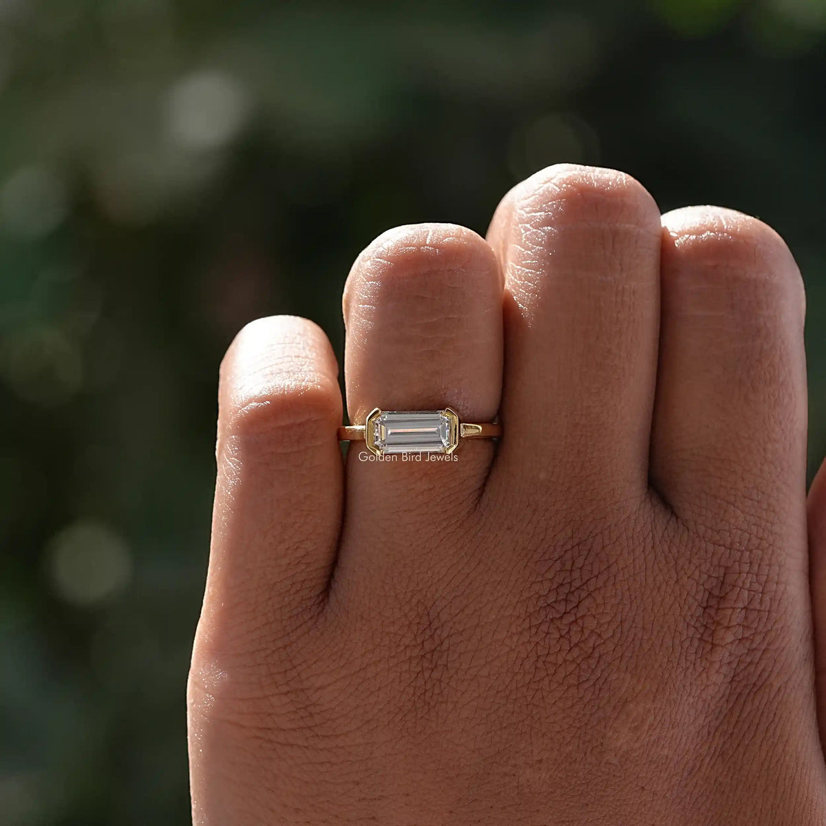 Emerald Cut Moissanite East West Set Solitaire Ring
