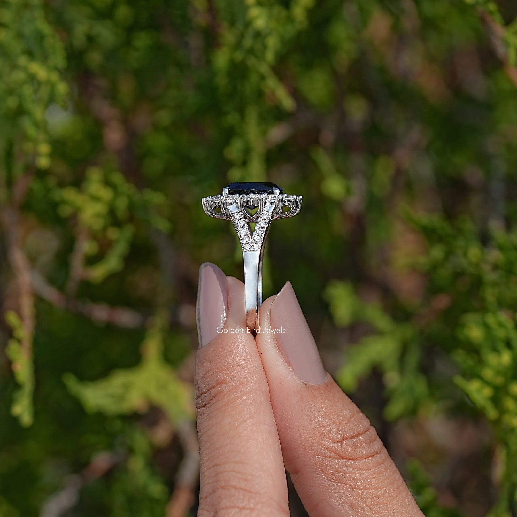 Split Shank Oval Sapphire Gemstone Halo Ring