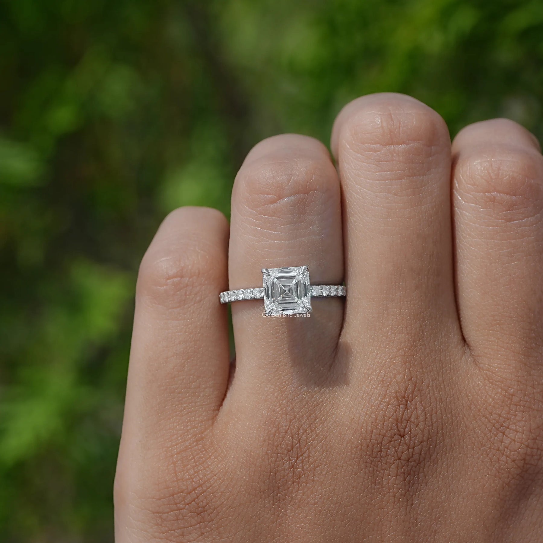Square Emerald Lab Diamond Ring in Finger 