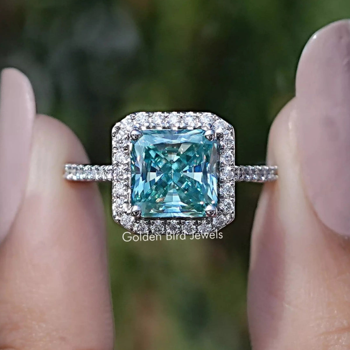 Square Radiant Moissanite Halo Accent Engagement Ring