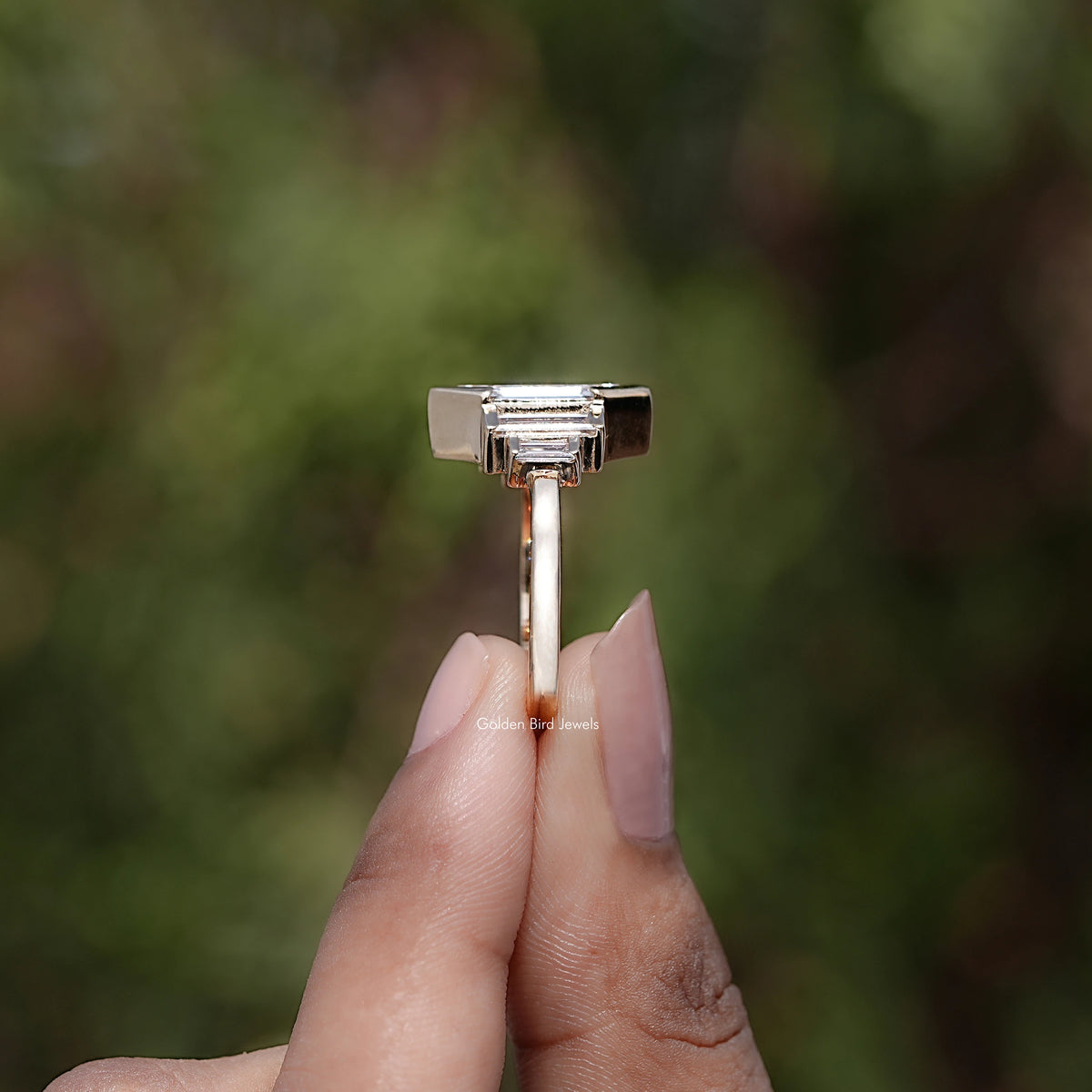Side View of Step Cut Hexagon Lab Diamond Five Stone Ring