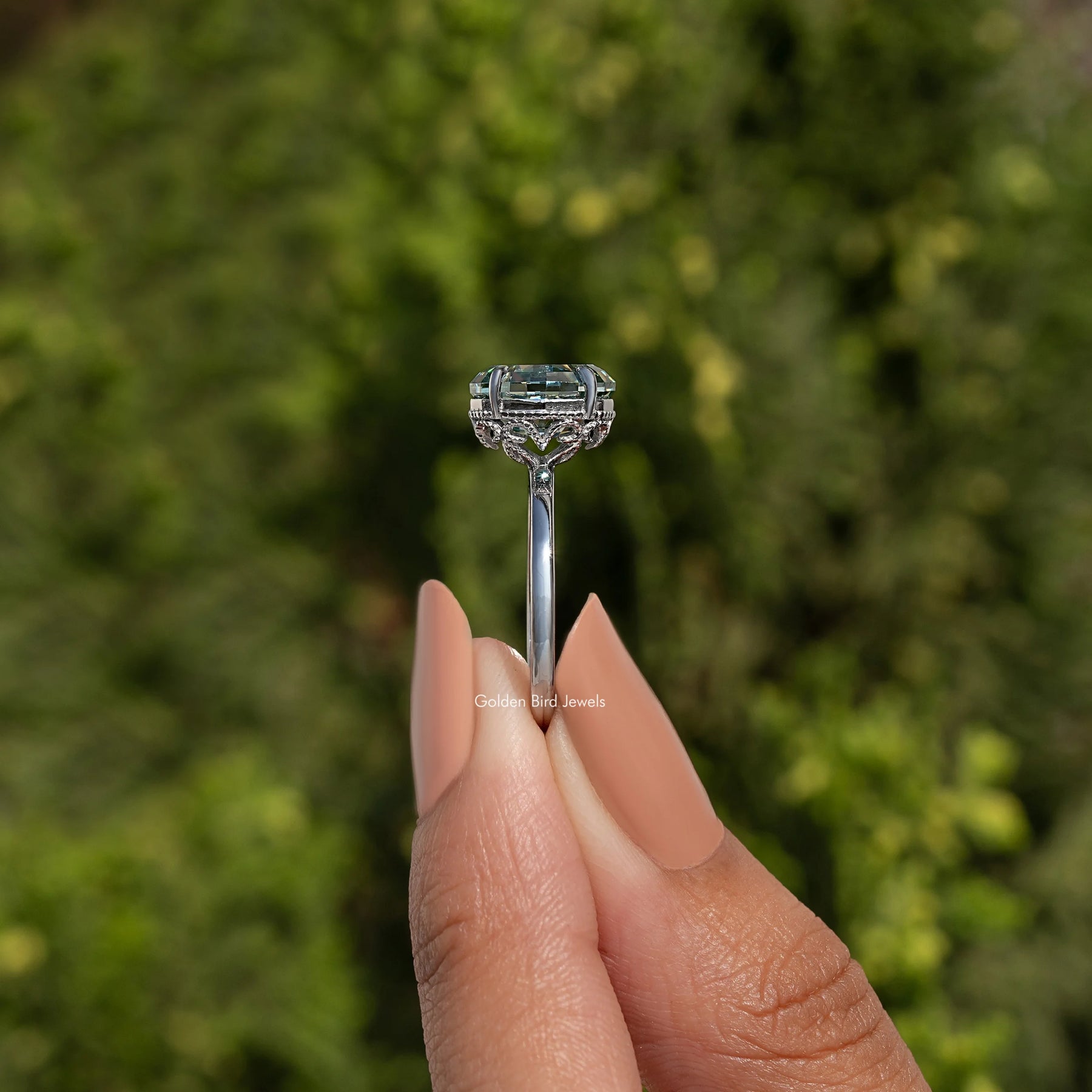 Step Cut Oval Hidden Halo Solitaire Ring