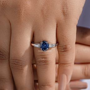 Blue Step Cut Oval Moissanite Three Stone Ring