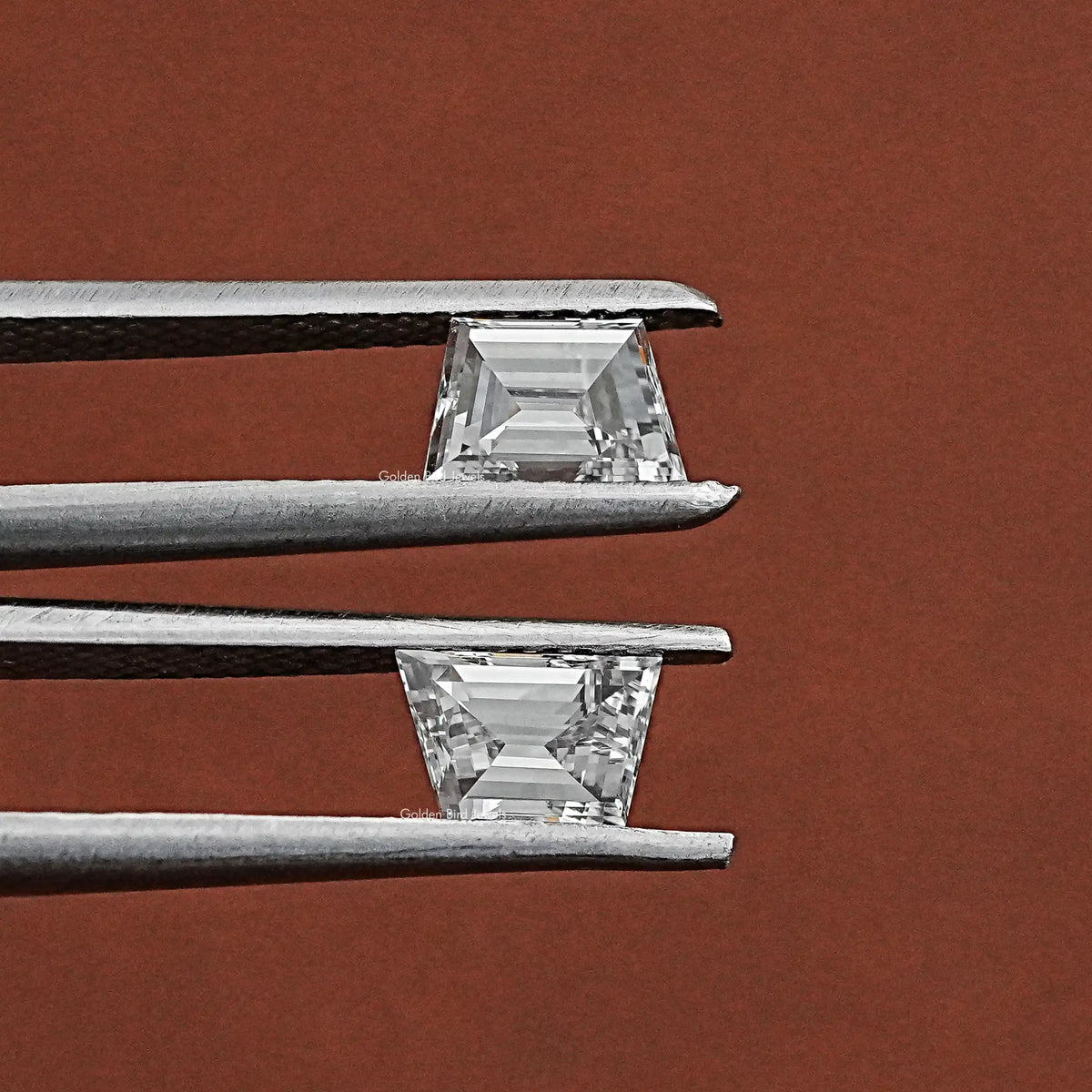 Detailed View Of Step Cut Trapezoid Lab Diamond Matching Pair