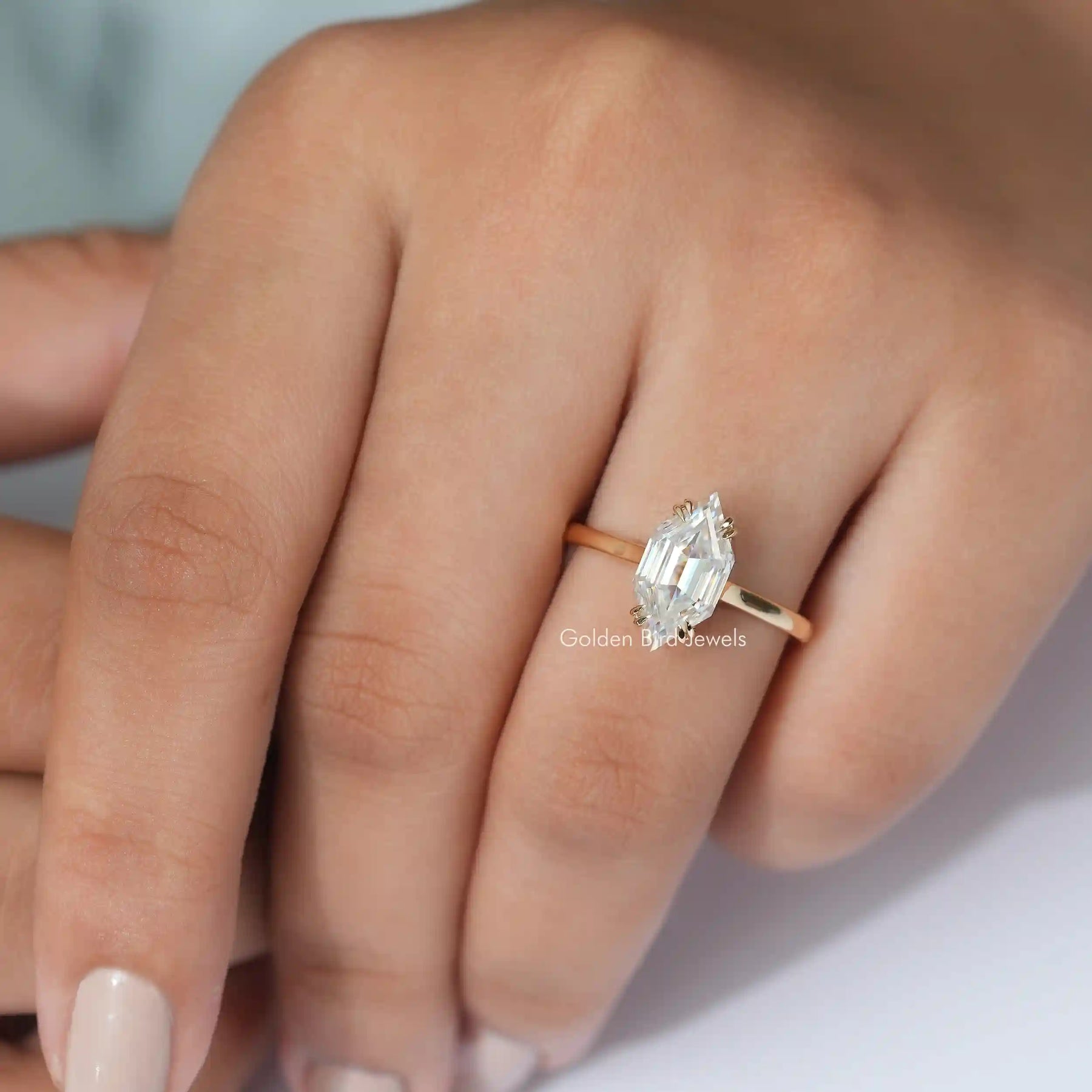 View of Step Cut Dutch Marquise Moissanite Ring In Finger