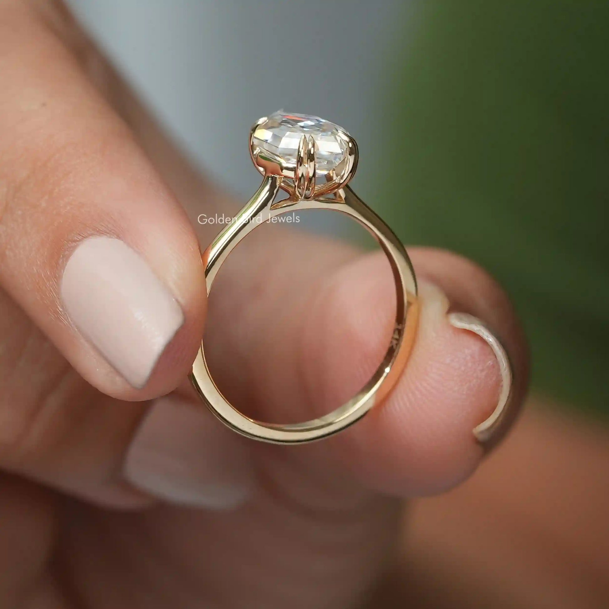 Back View of Cathedral Set Step Cut Dutch Marquise Cut Moissanite Ring In two fingers