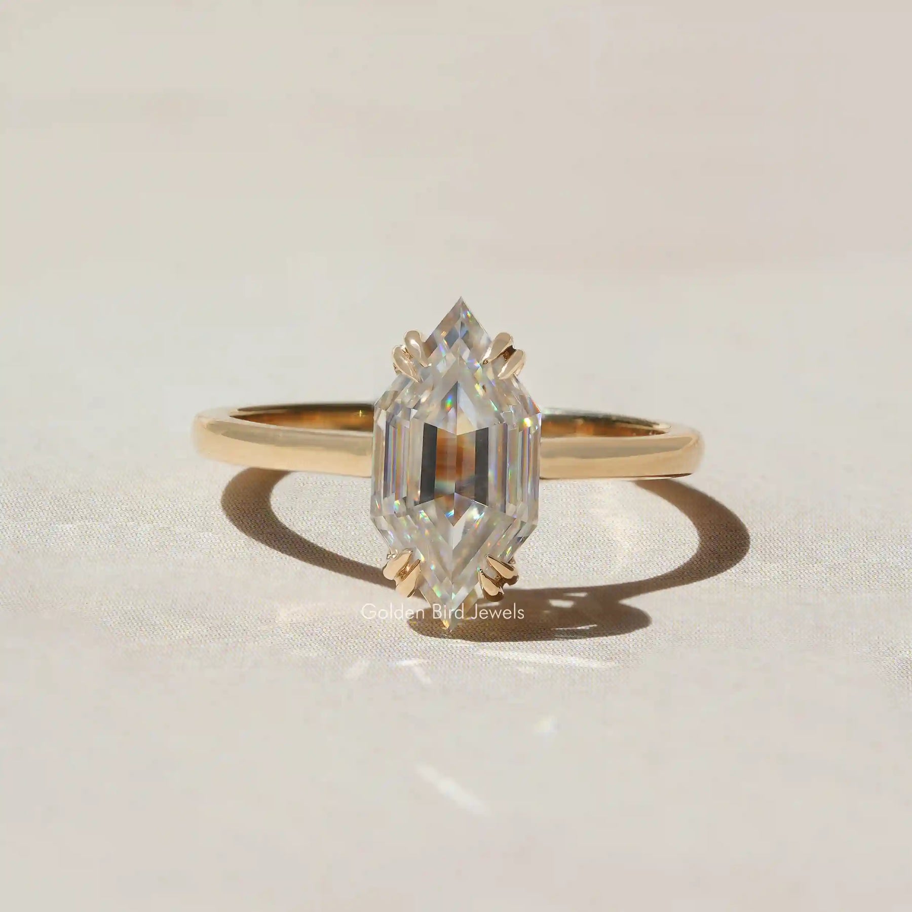 View of Step Cut Dutch Marquise Moissanite Ring Iin Yellow Gold