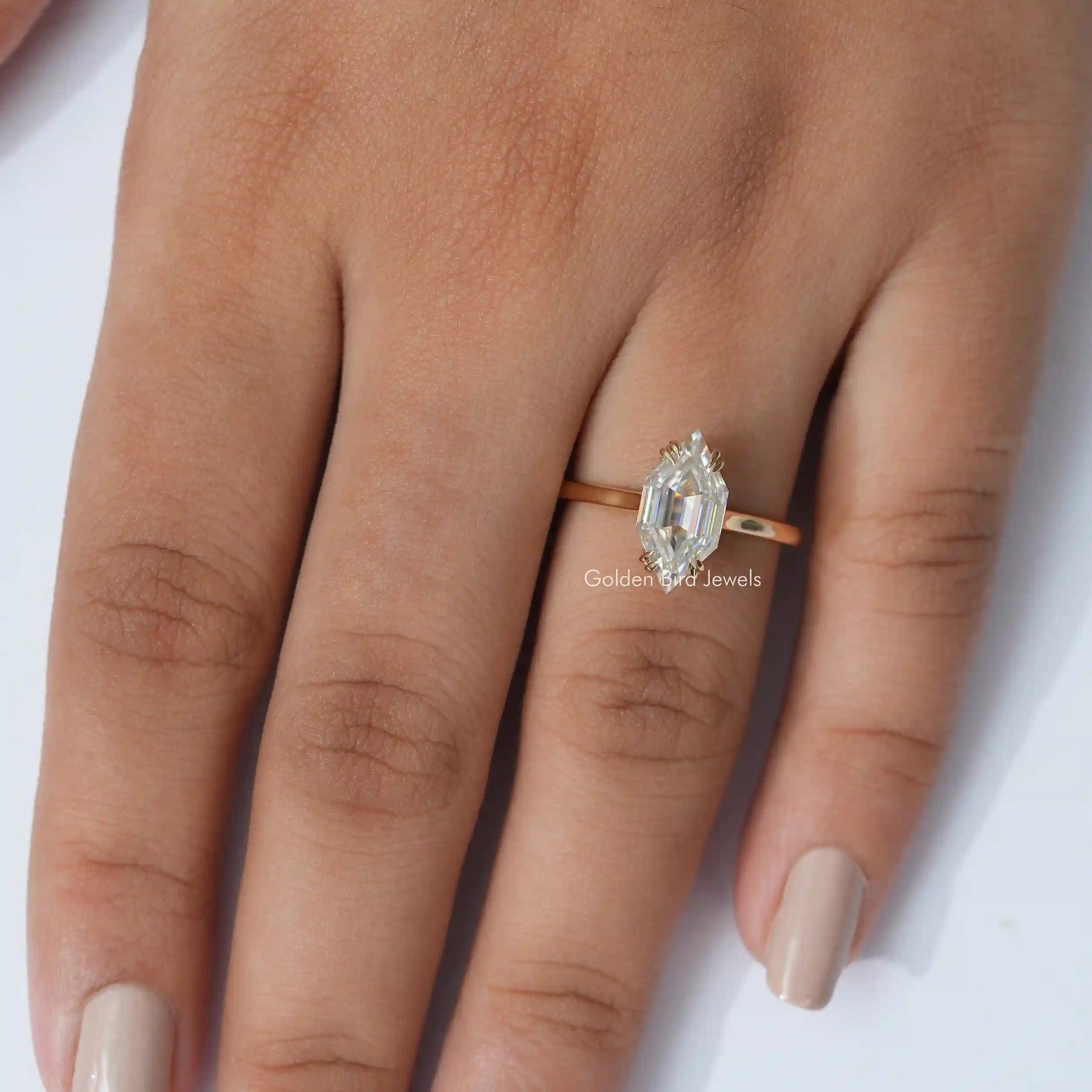 Detailed View of Step cut Dutch Marquise Moissanite Ring In Yellow Gold