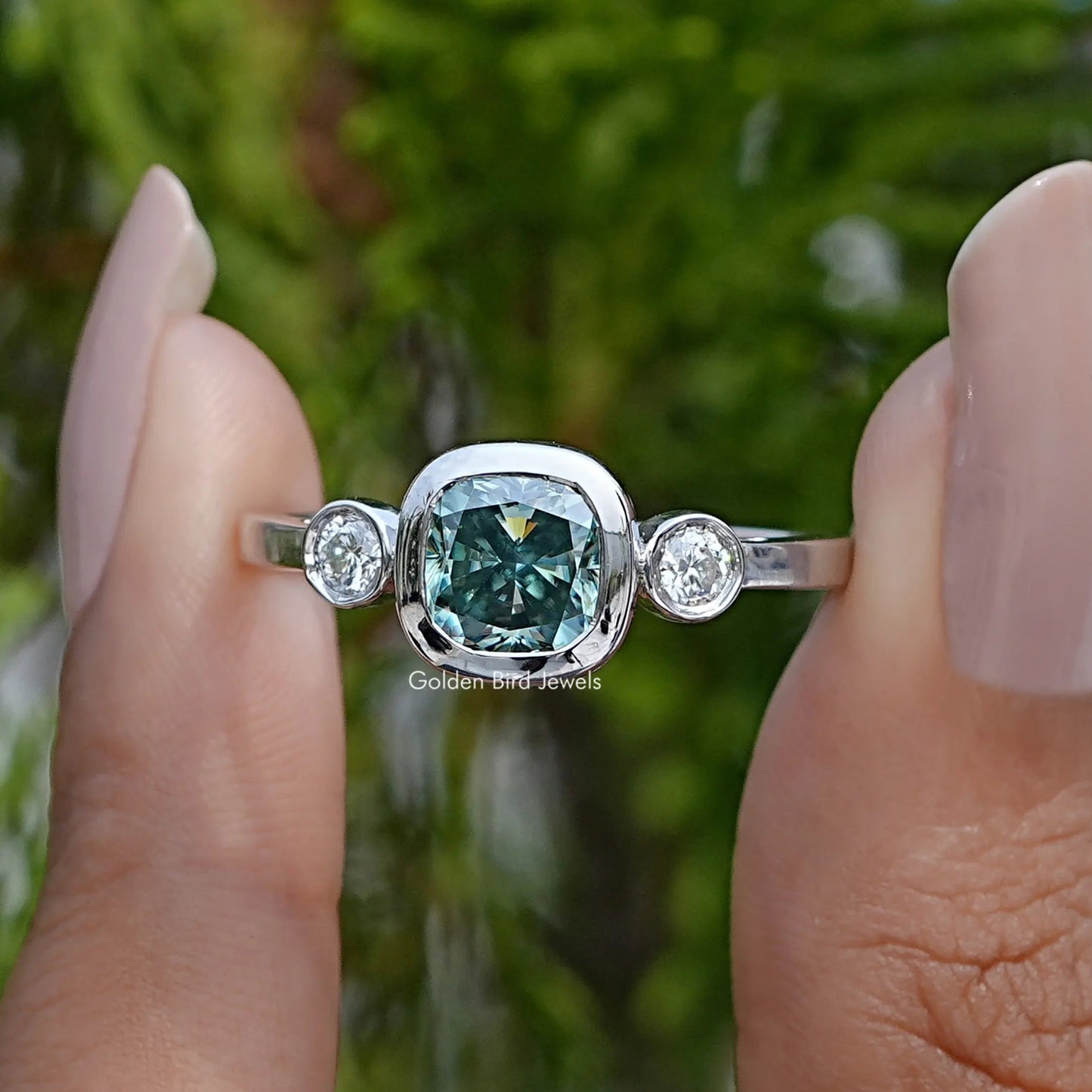 Three Stone Cushion Cut Moissanite Engagement Ring