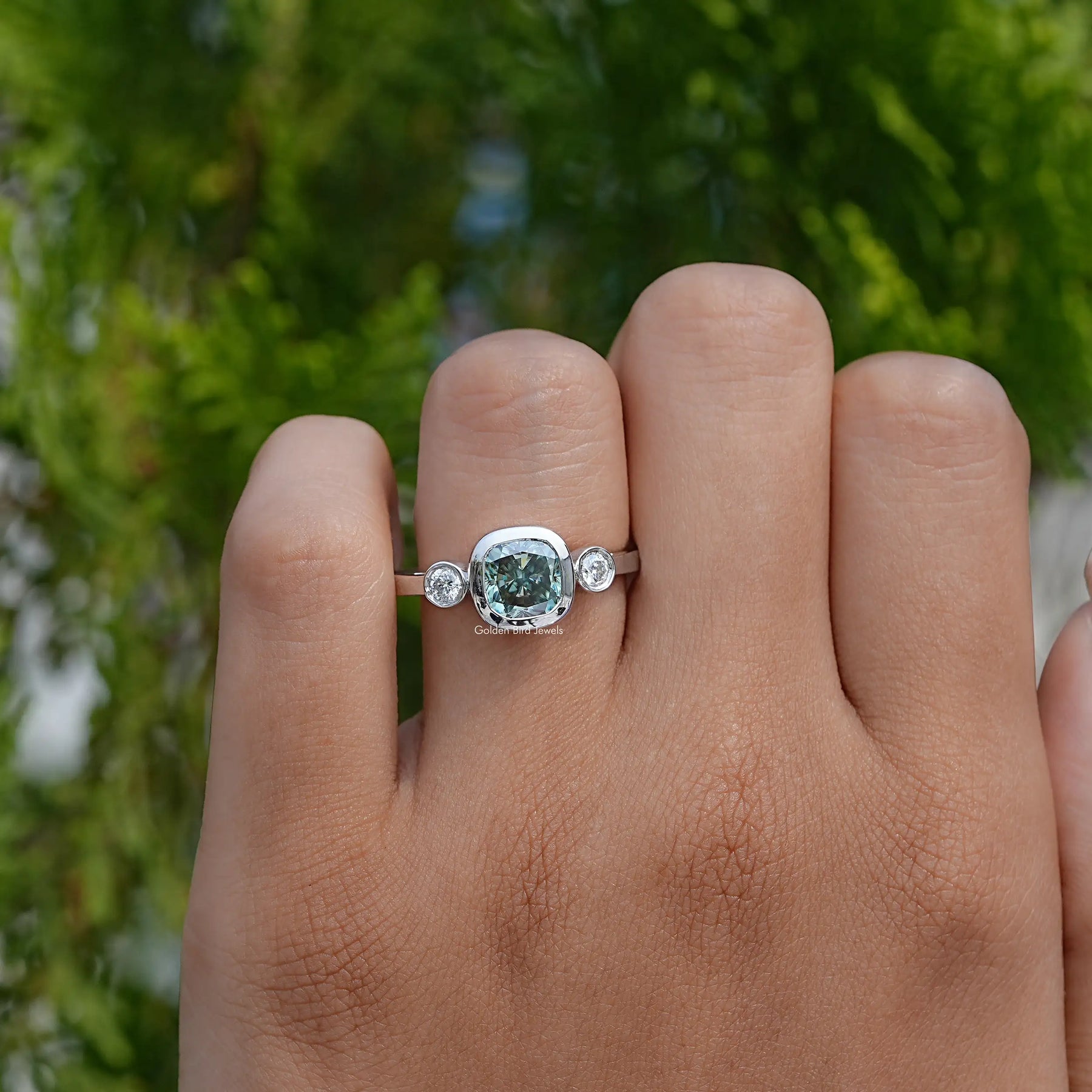 Close view of Moissanite Cushion Cut Ring