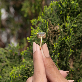 Three Stone Old Mine Emerald Cut Moissanite Engagement Ring
