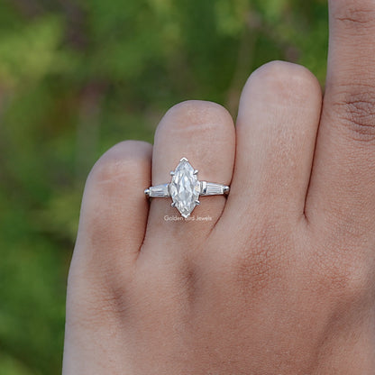 Top View Of Three Stone Old Mine Marquise Moissanite Ring