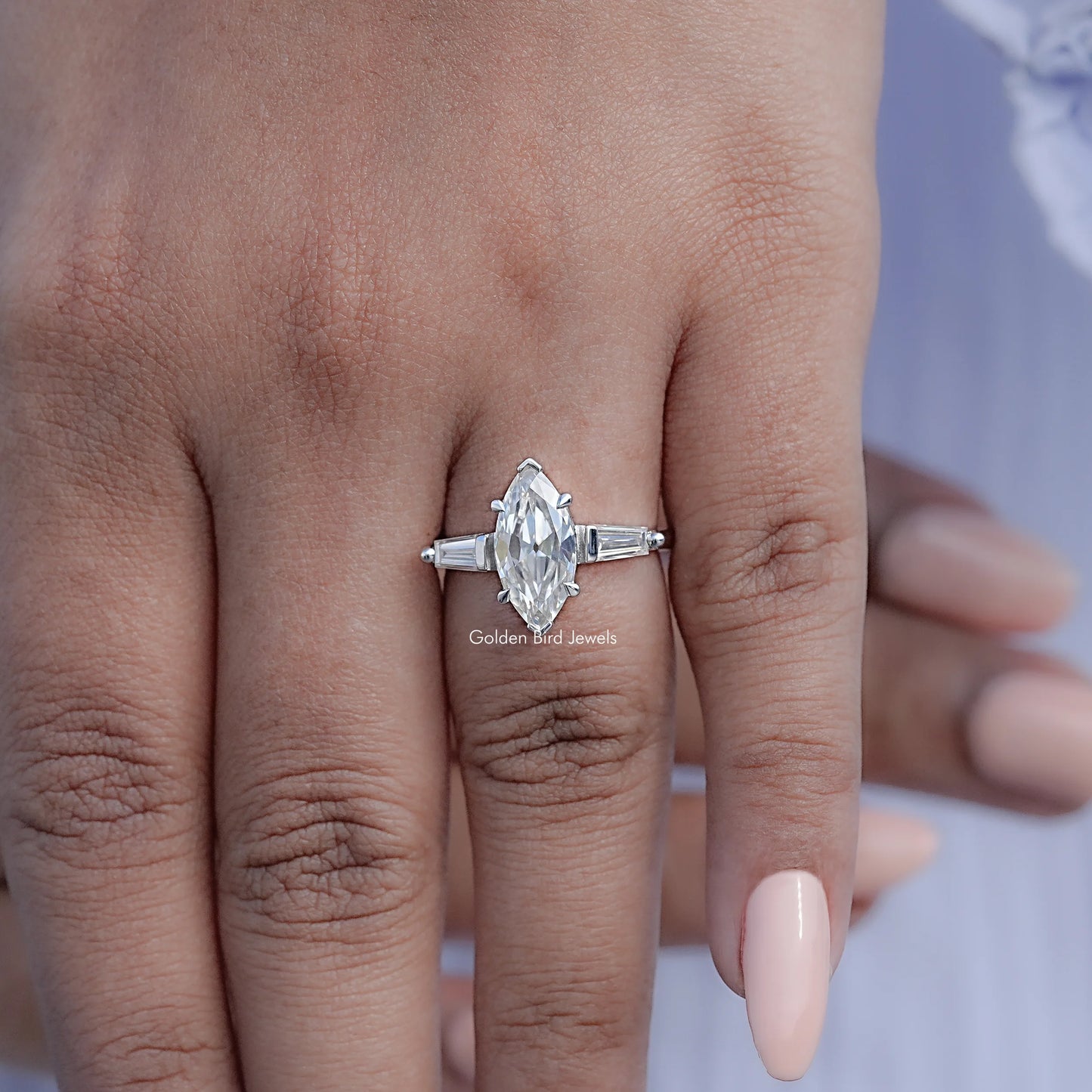 Detailed View Of Marquise Shaped Moissanite Ring