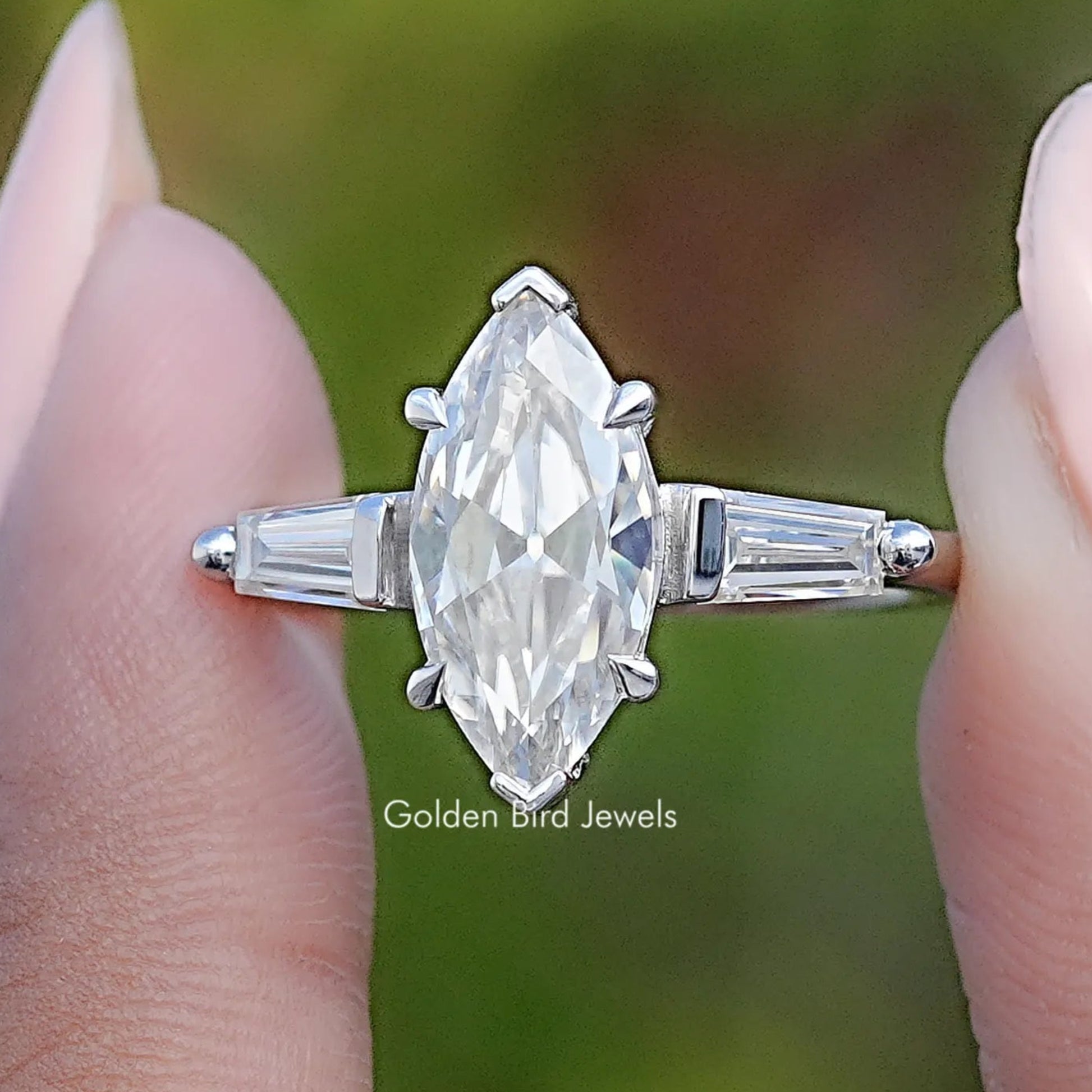 Front View of Three Stone Old Mine Marquise Moissanite Ring