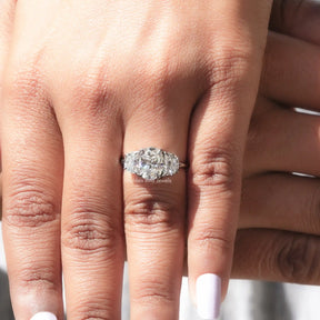Detailed View Of Moissanite Oval And Half Moon Cut 3 Stone Ring In White Gold