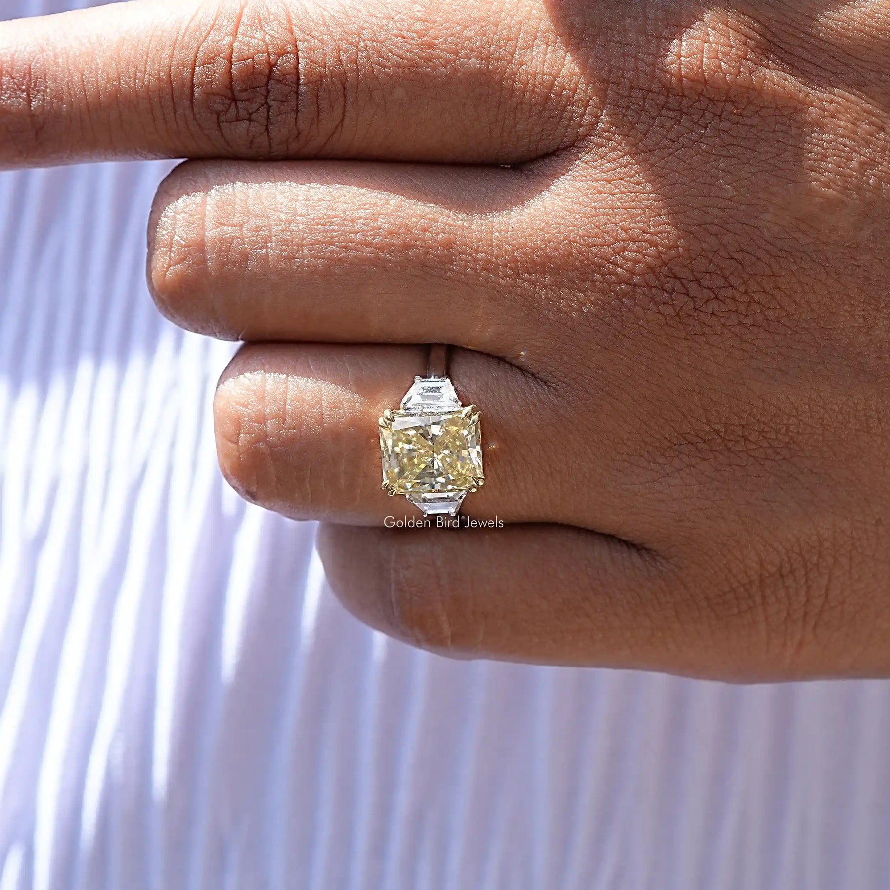 View of Three Stone Radiant Cut Moissanite Engagement Ring In White Gold