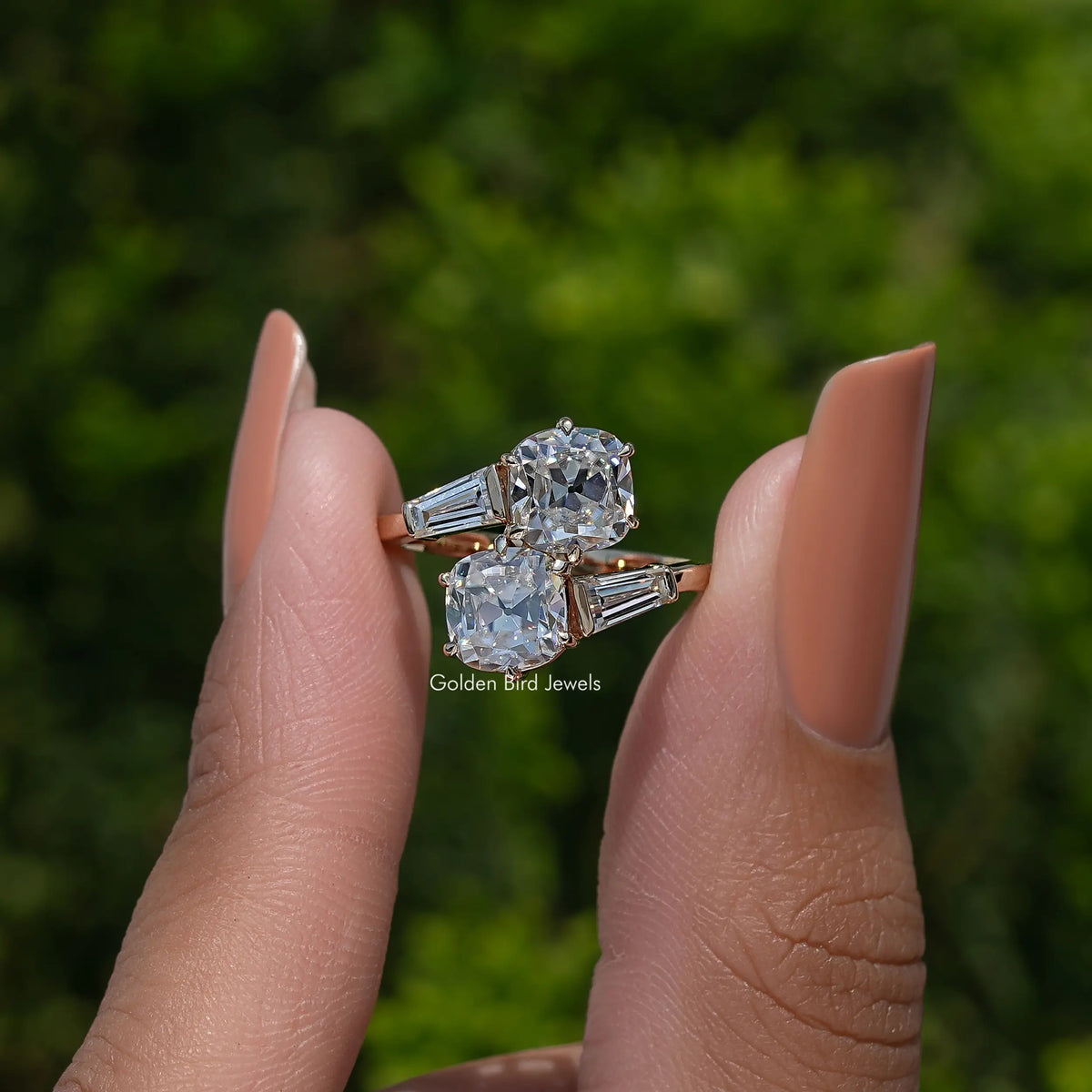 2 stone Old Mine Cushion Bypass Engagement Ring