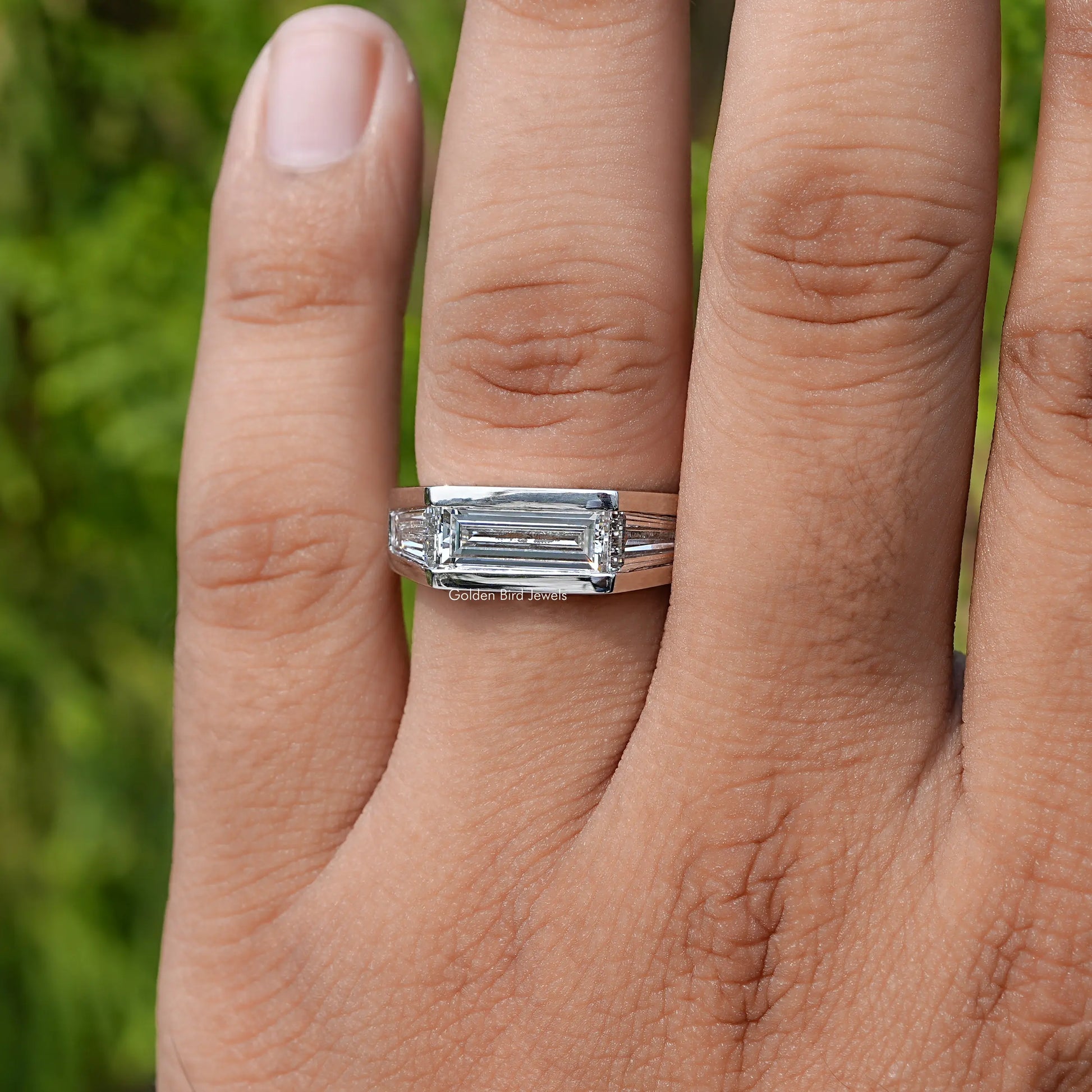 View of Baguette Cut Lab Grown Diamond Men's Ring In Finger