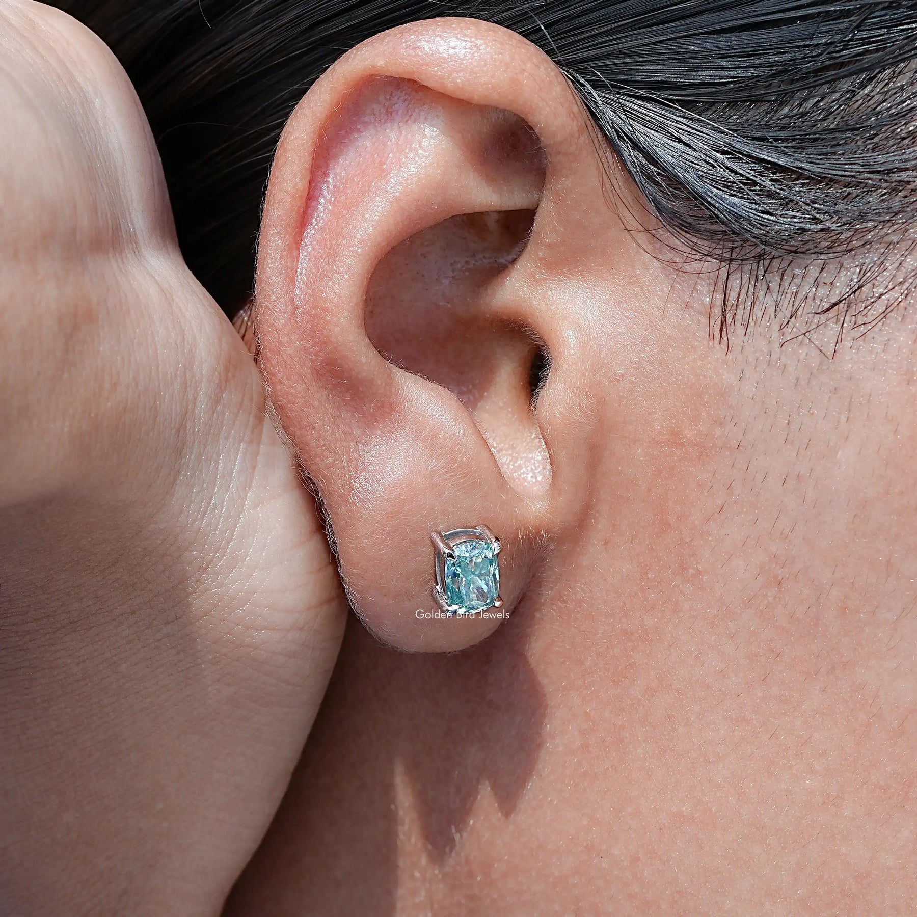 Solid Blue elongated cushion Cut moissanite Stud Earrings
